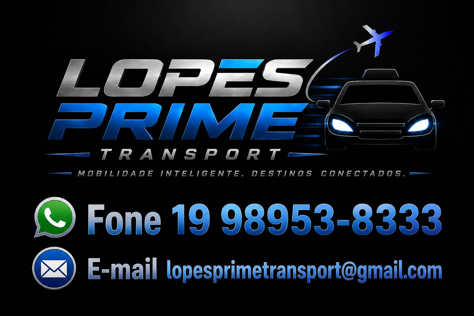 arte preta com logo Lopes Prime Transport, carro e avião, telefone e e-mail